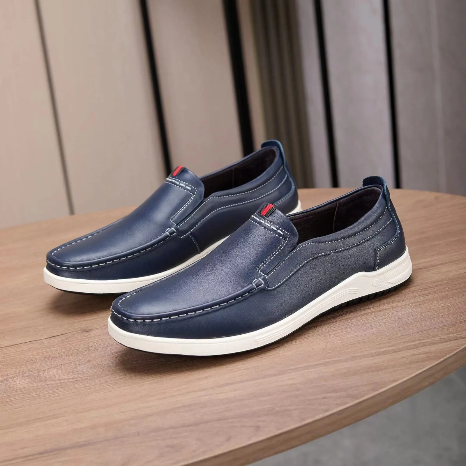 25072-Blue Genuine Cowhide Leather Casual Shoes For Men