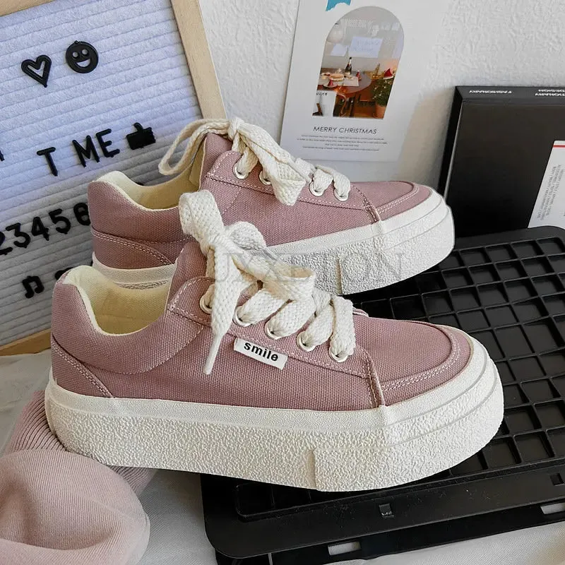 binfenxie  -  Shoes Women Platform Casual Women Sports Shoes Tennis Sneakers Ladies Flats Lace Up Female Pink Vulcanized Shoes