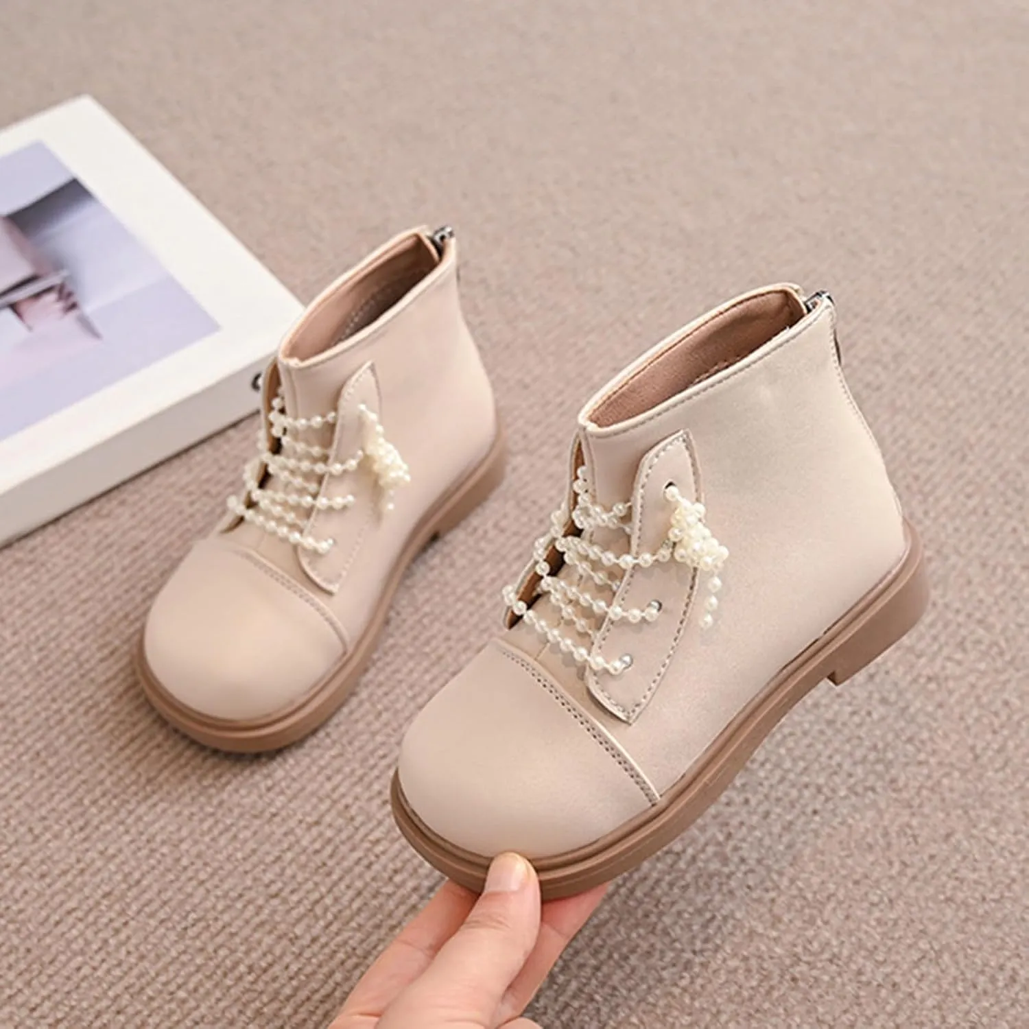 Boys Big Girls Pearl Lace Up Casual Outdoor Hiking Ankle Boots Toddler Comfortable Winter Warm Snow Chunky Boots