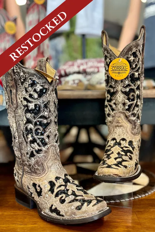 Corral Floral Embroidered Sequin Inlay Square Toe Boot