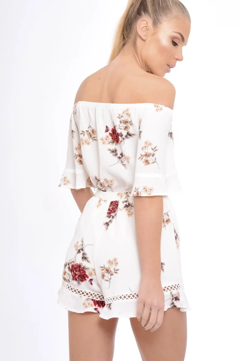 Cream Bardot Floral Playsuit - Estee