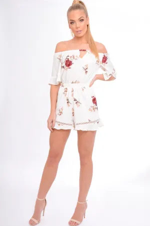 Cream Bardot Floral Playsuit - Estee