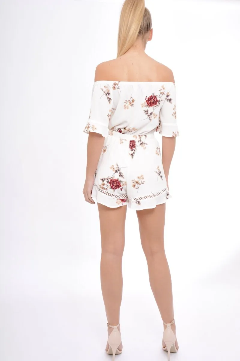 Cream Bardot Floral Playsuit - Estee