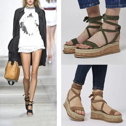 elveswallet Leather Wedge Sandals Casual Lace Up Shoes