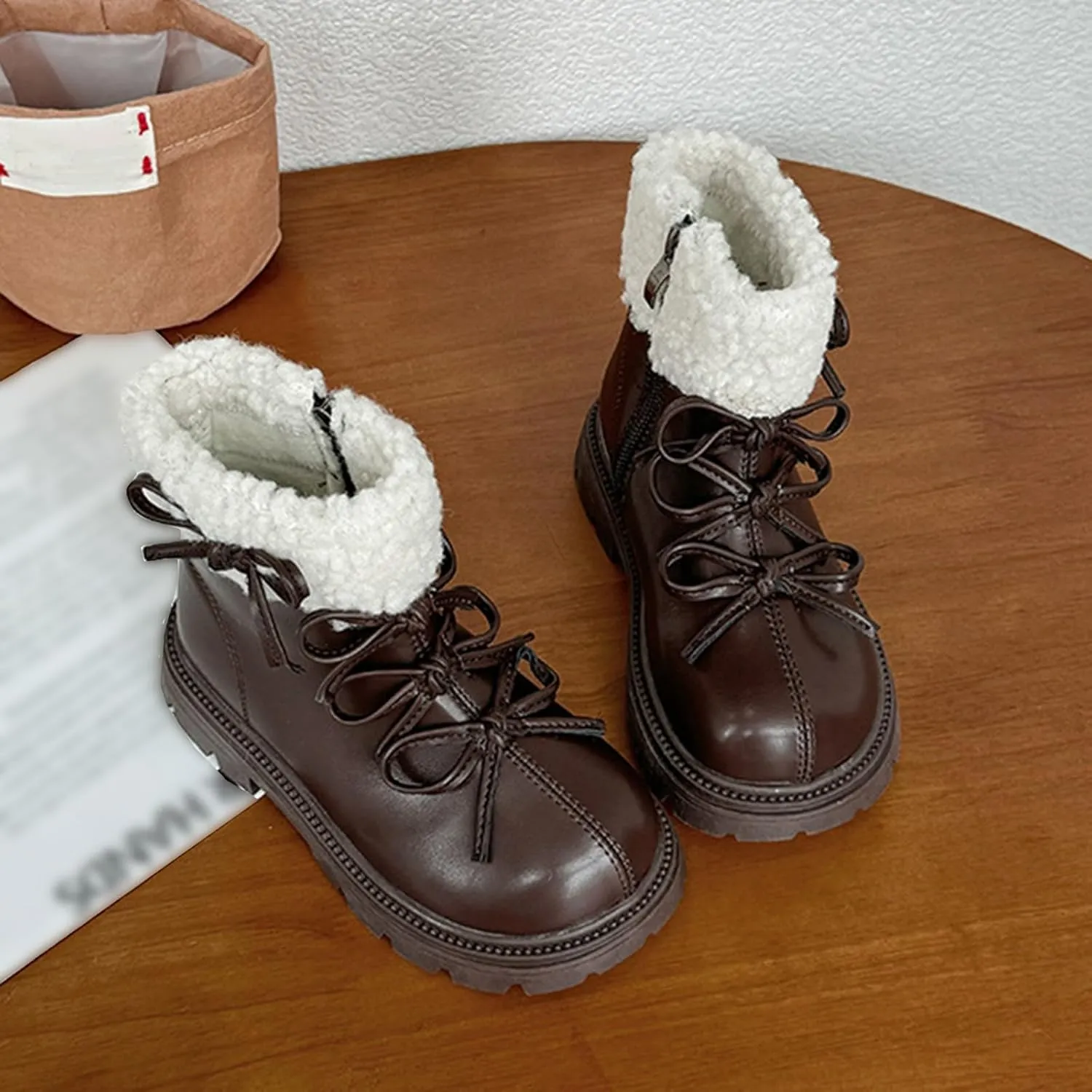 Fashion Big Kids Winter Combat Boots with Fleece Lined Waterproof Warm Side Zipper Comfortable Chunky Snow Shoes