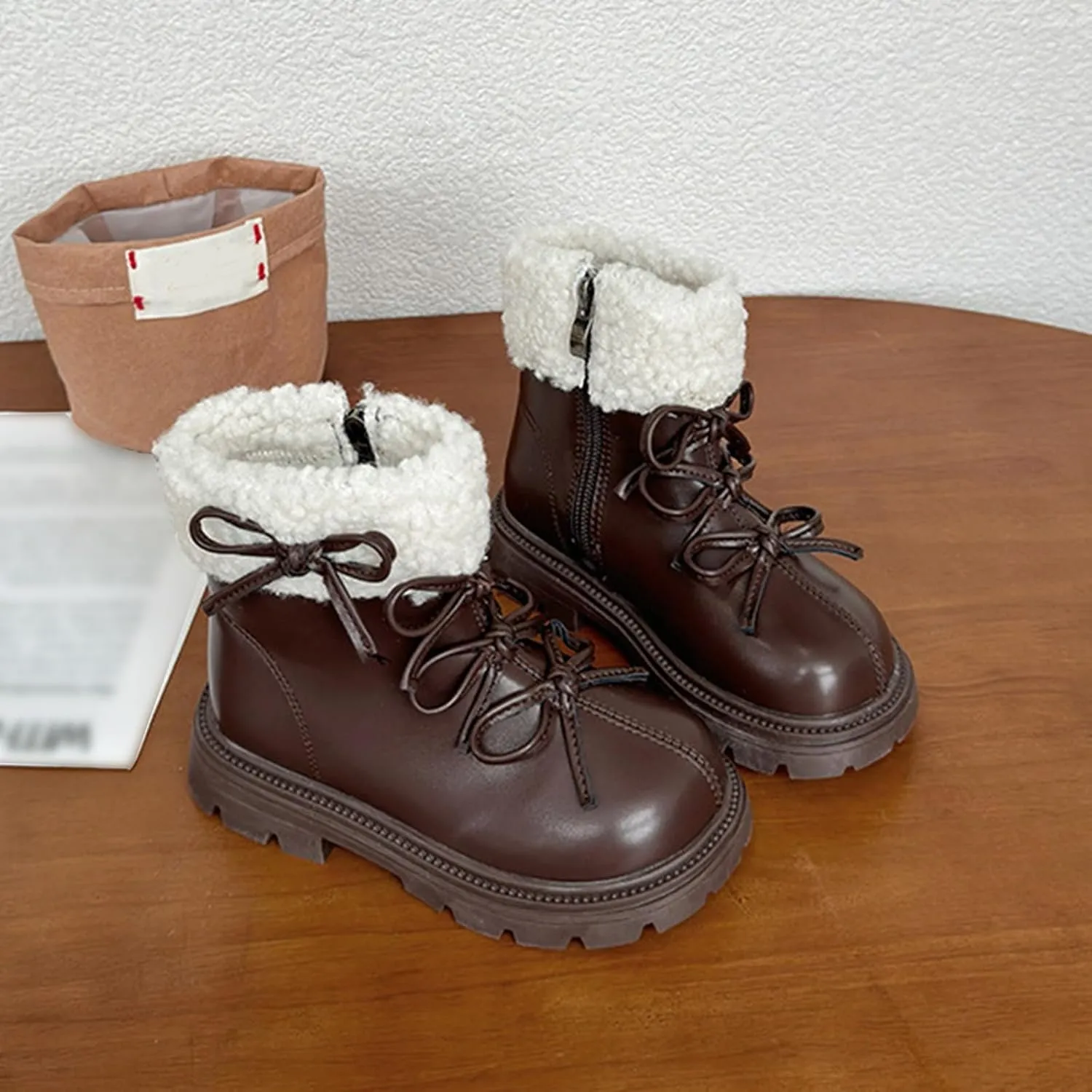 Fashion Big Kids Winter Combat Boots with Fleece Lined Waterproof Warm Side Zipper Comfortable Chunky Snow Shoes