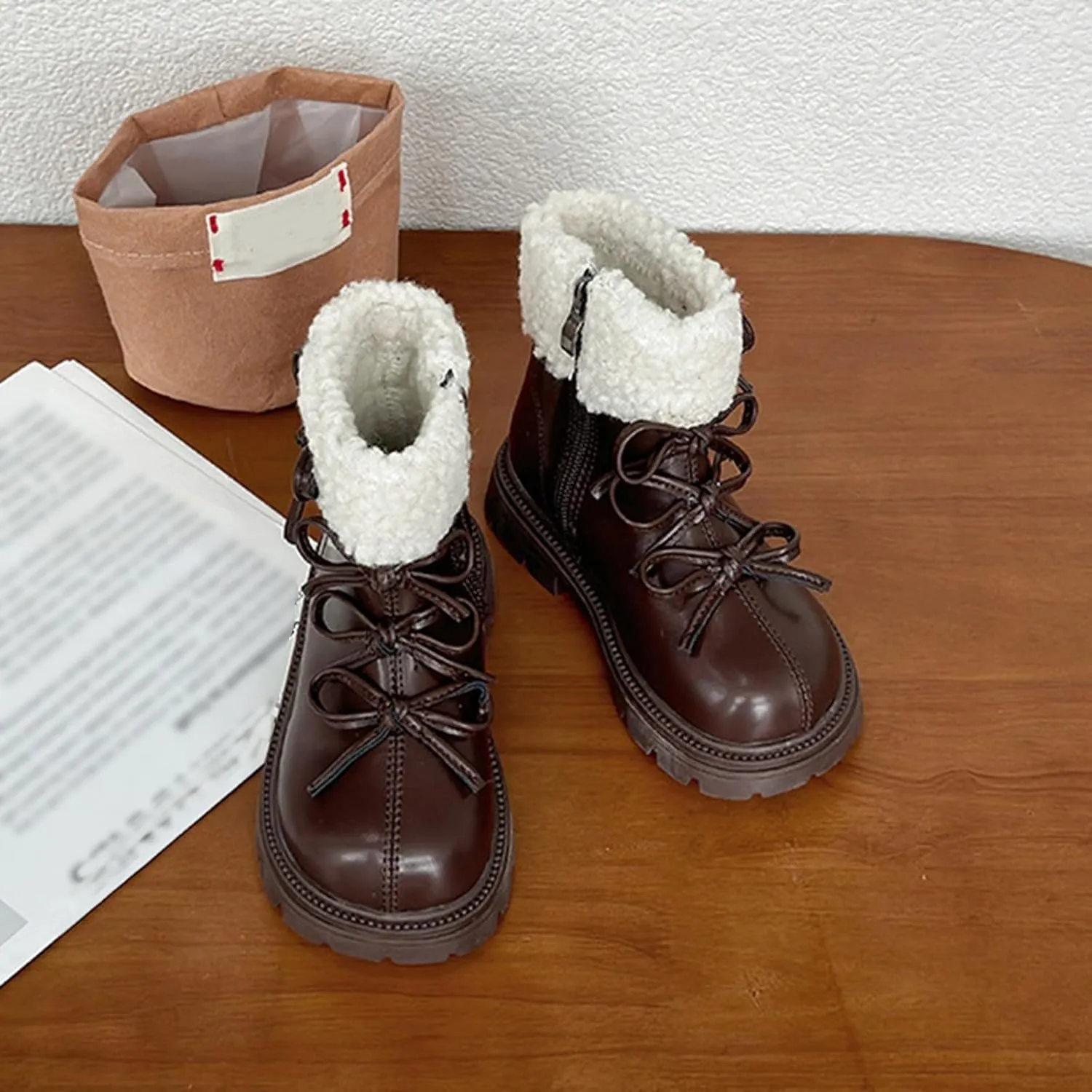 Fashion Big Kids Winter Combat Boots with Fleece Lined Waterproof Warm Side Zipper Comfortable Chunky Snow Shoes