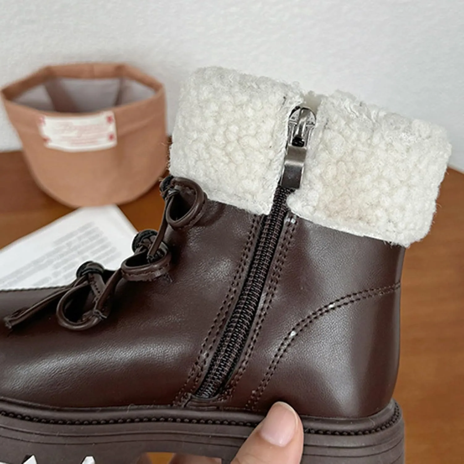 Fashion Big Kids Winter Combat Boots with Fleece Lined Waterproof Warm Side Zipper Comfortable Chunky Snow Shoes