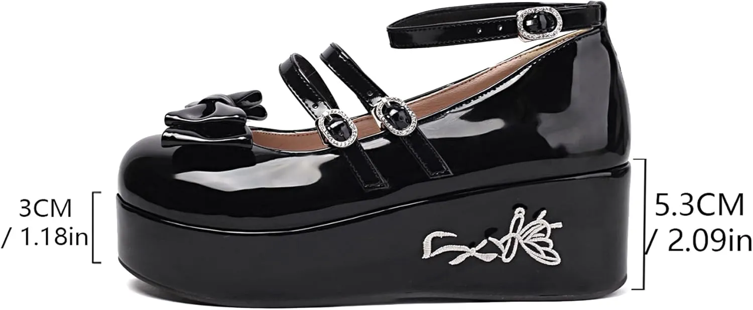 Gicoiz Gothic Mary Jane Women Patent Bow Pumps Wedge