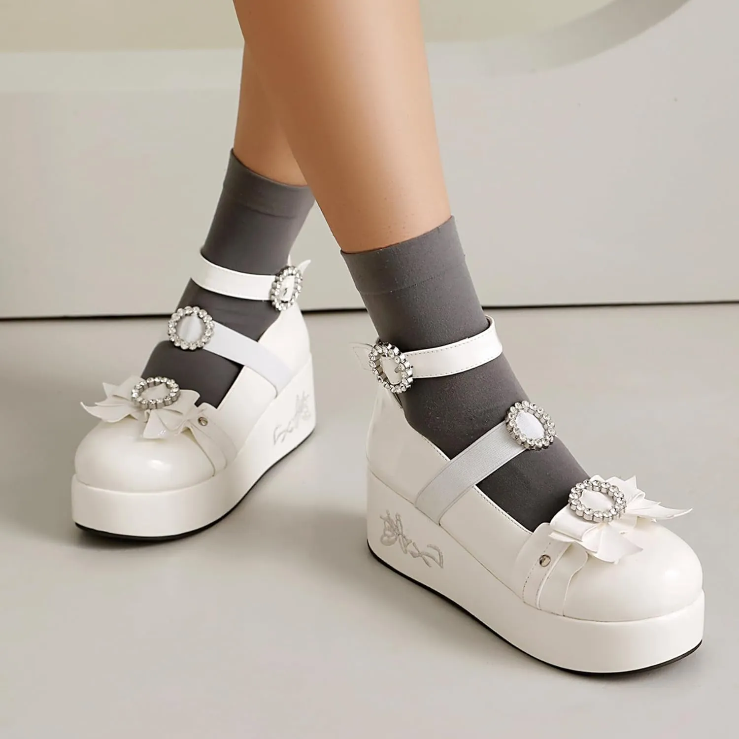 Gicoiz Gothic Mary Jane Women Patent Bow Pumps Wedge