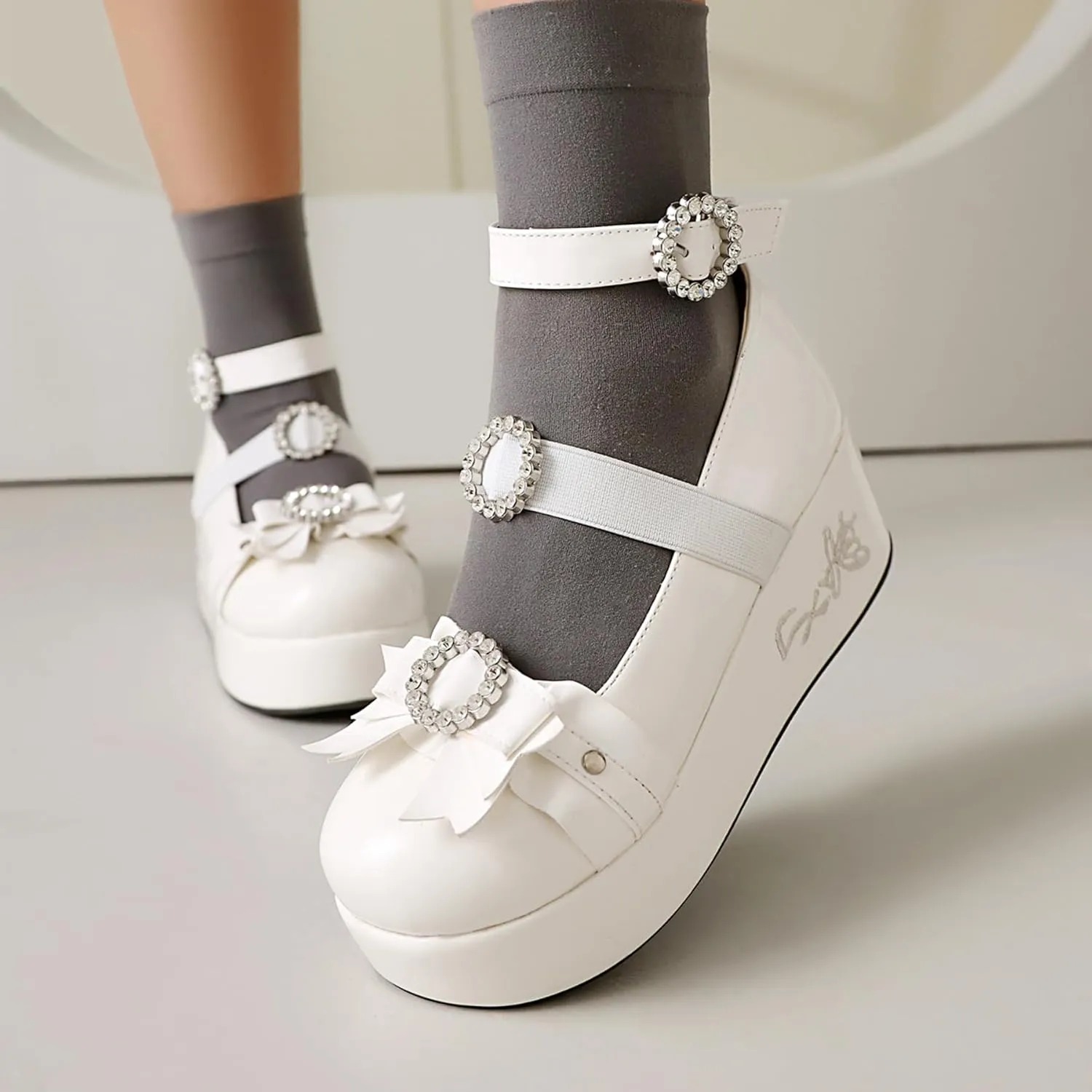 Gicoiz Gothic Mary Jane Women Patent Bow Pumps Wedge