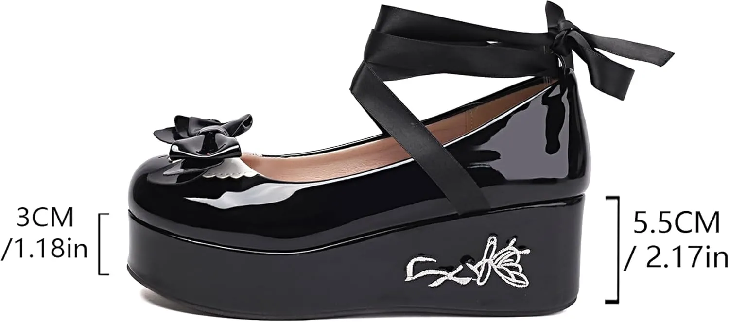 Gicoiz Gothic Mary Jane Women Patent Bow Pumps Wedge