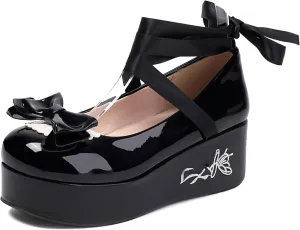 Gicoiz Gothic Mary Jane Women Patent Bow Pumps Wedge