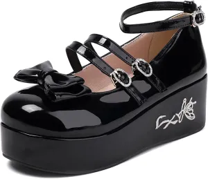 Gicoiz Gothic Mary Jane Women Patent Bow Pumps Wedge