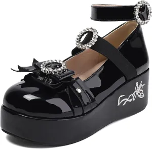 Gicoiz Gothic Mary Jane Women Patent Bow Pumps Wedge