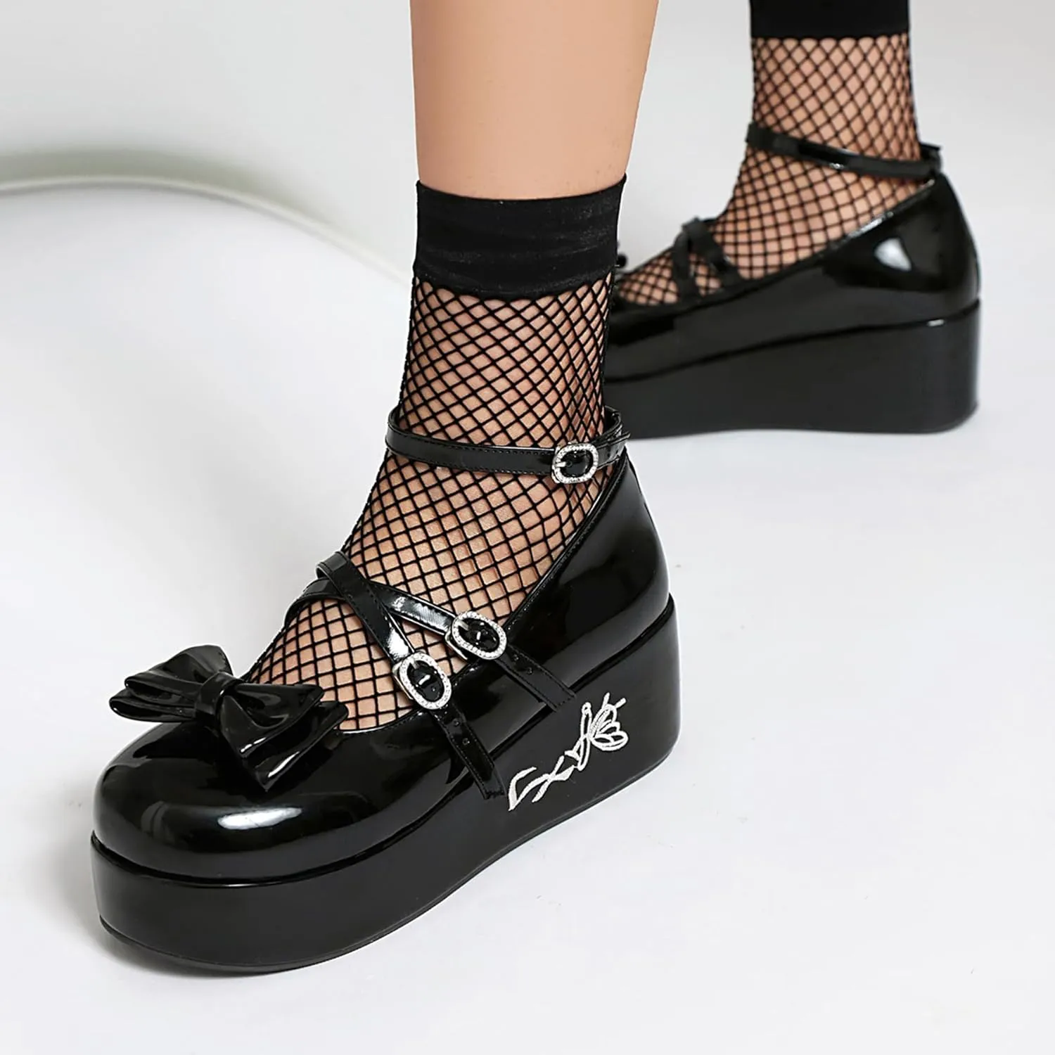 Gicoiz Gothic Mary Jane Women Patent Bow Pumps Wedge