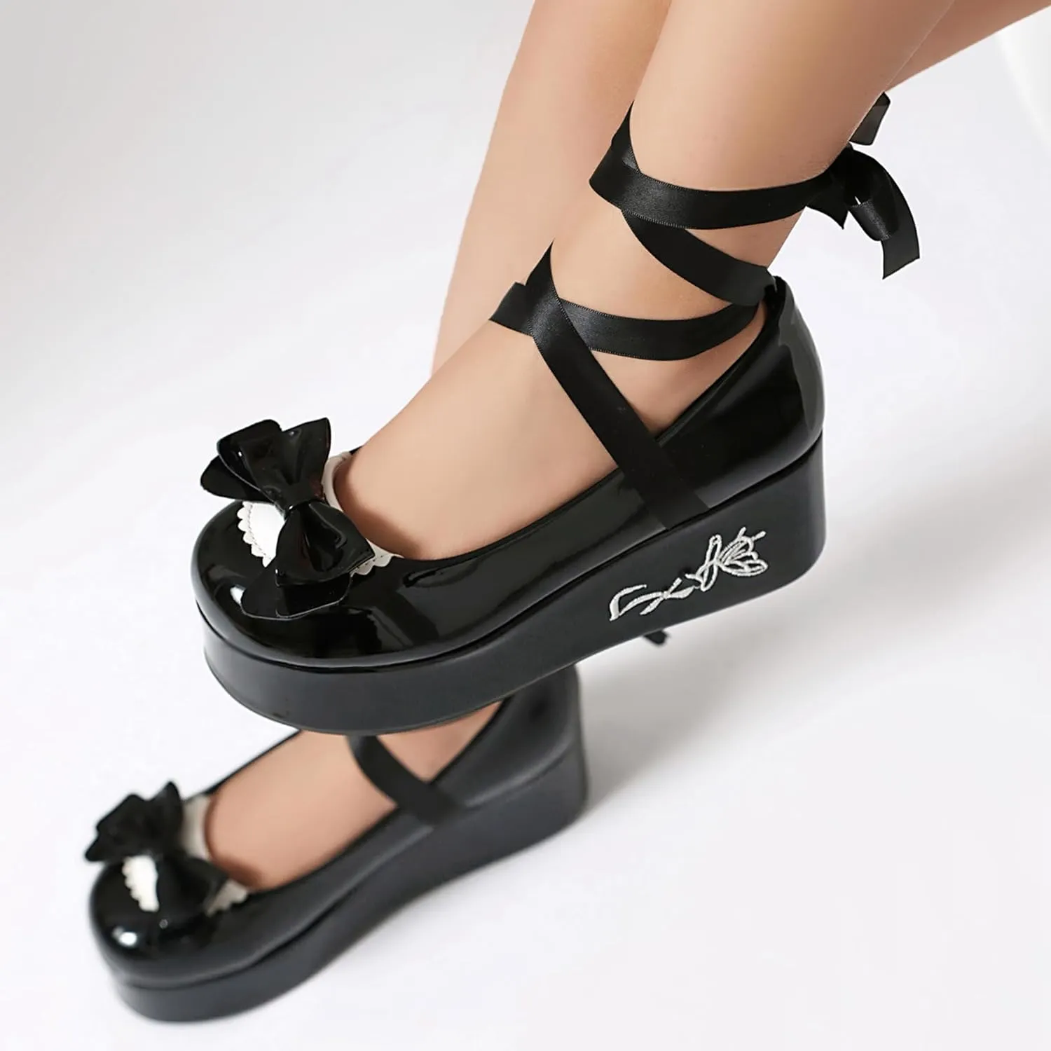 Gicoiz Gothic Mary Jane Women Patent Bow Pumps Wedge