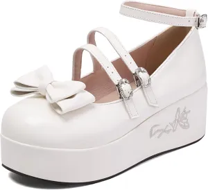 Gicoiz Gothic Mary Jane Women Patent Bow Pumps Wedge