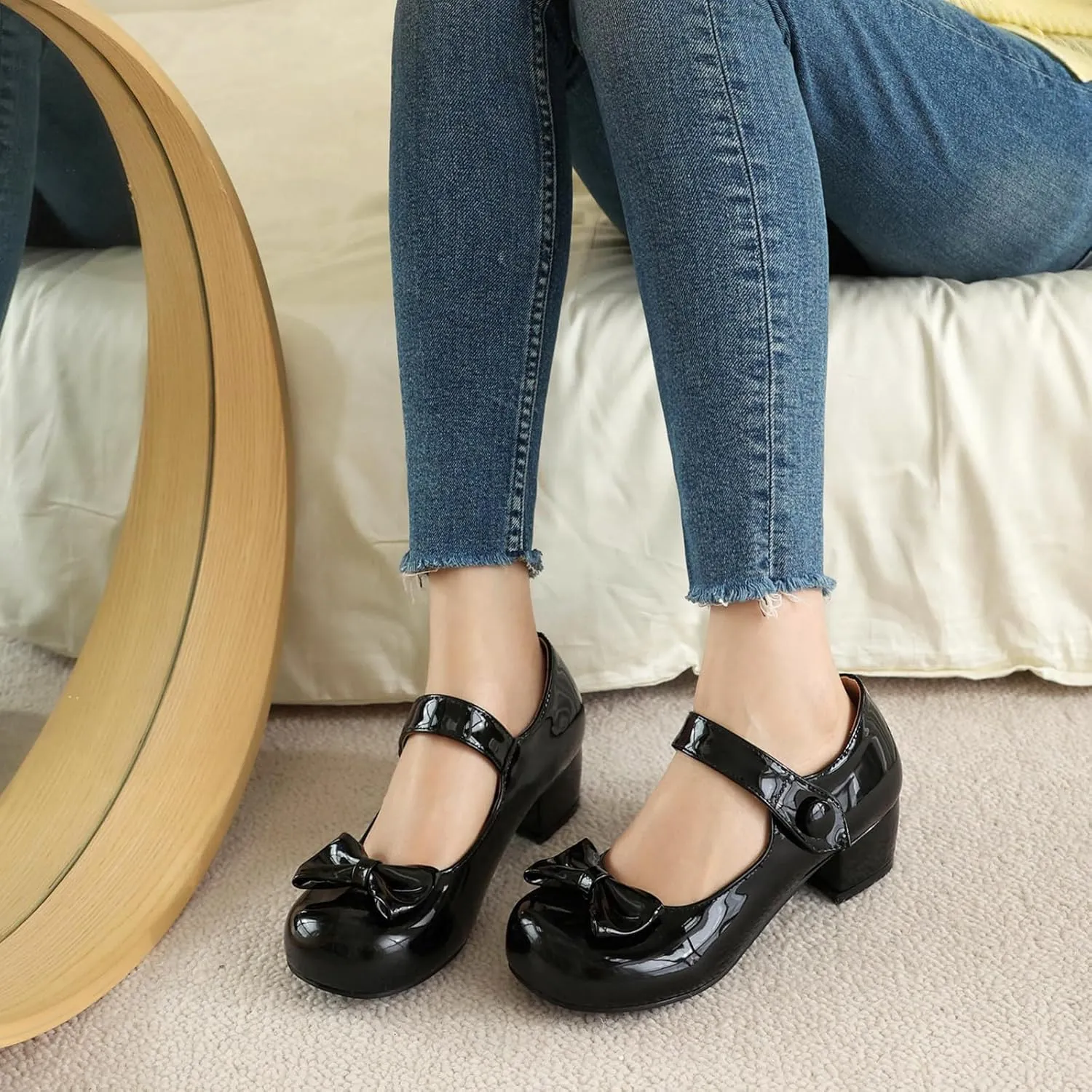 Gicoiz Patent Mary Jane Girls School Party Bowtie Pumps