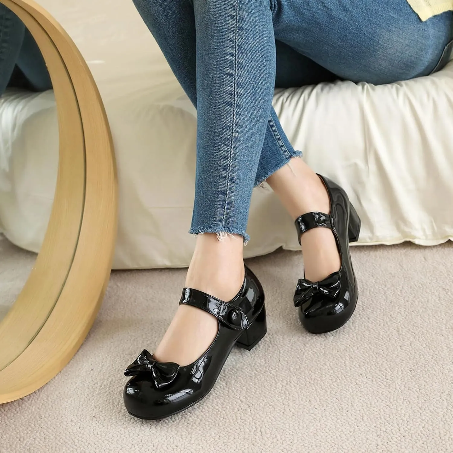 Gicoiz Patent Mary Jane Girls School Party Bowtie Pumps
