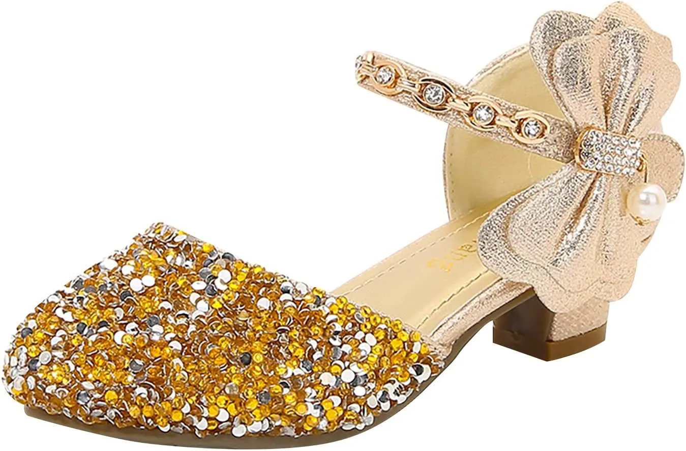 Girls Mary Jane Dress Shoes Rhinestones Bows Low Heels Flower Girl Wedding Pump Shoes Toddler Sandals Kids