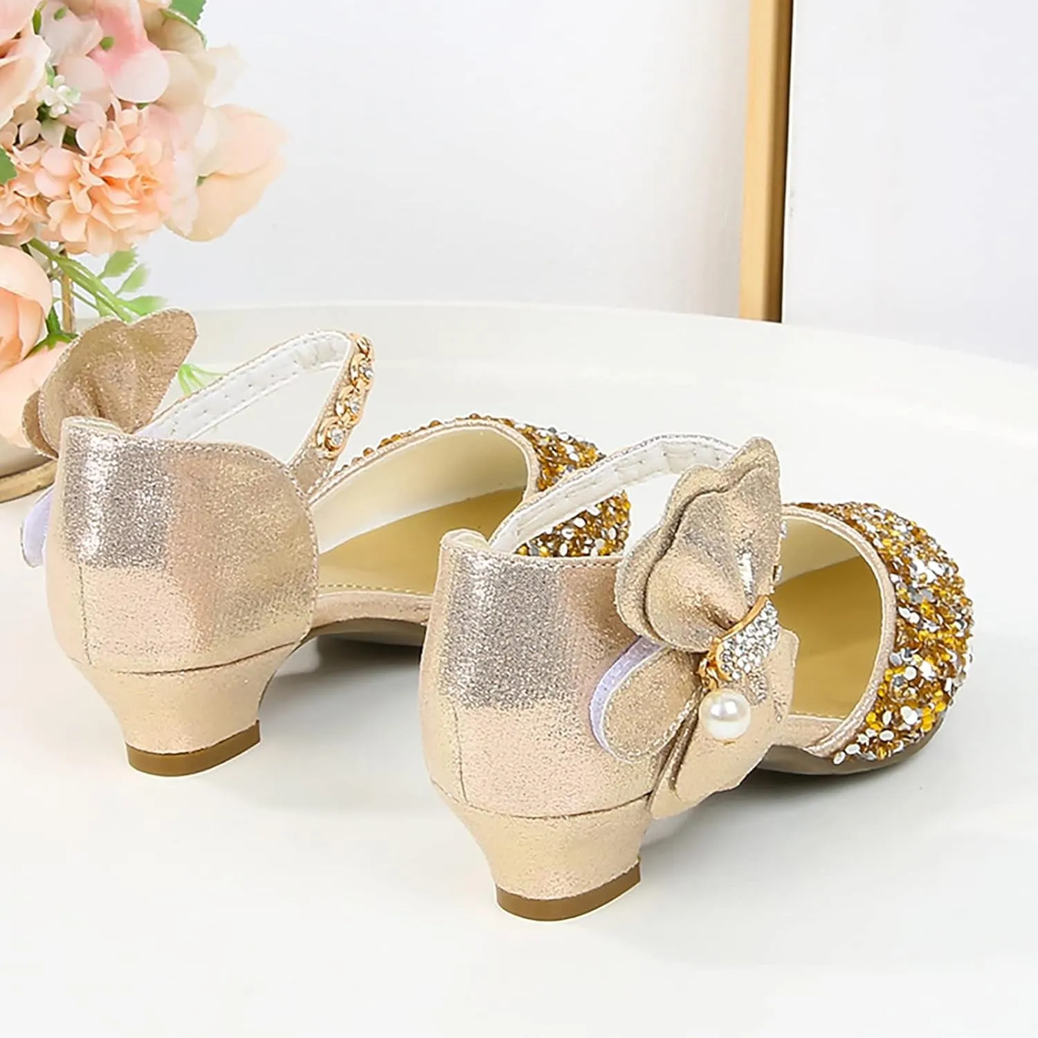 Girls Mary Jane Dress Shoes Rhinestones Bows Low Heels Flower Girl Wedding Pump Shoes Toddler Sandals Kids