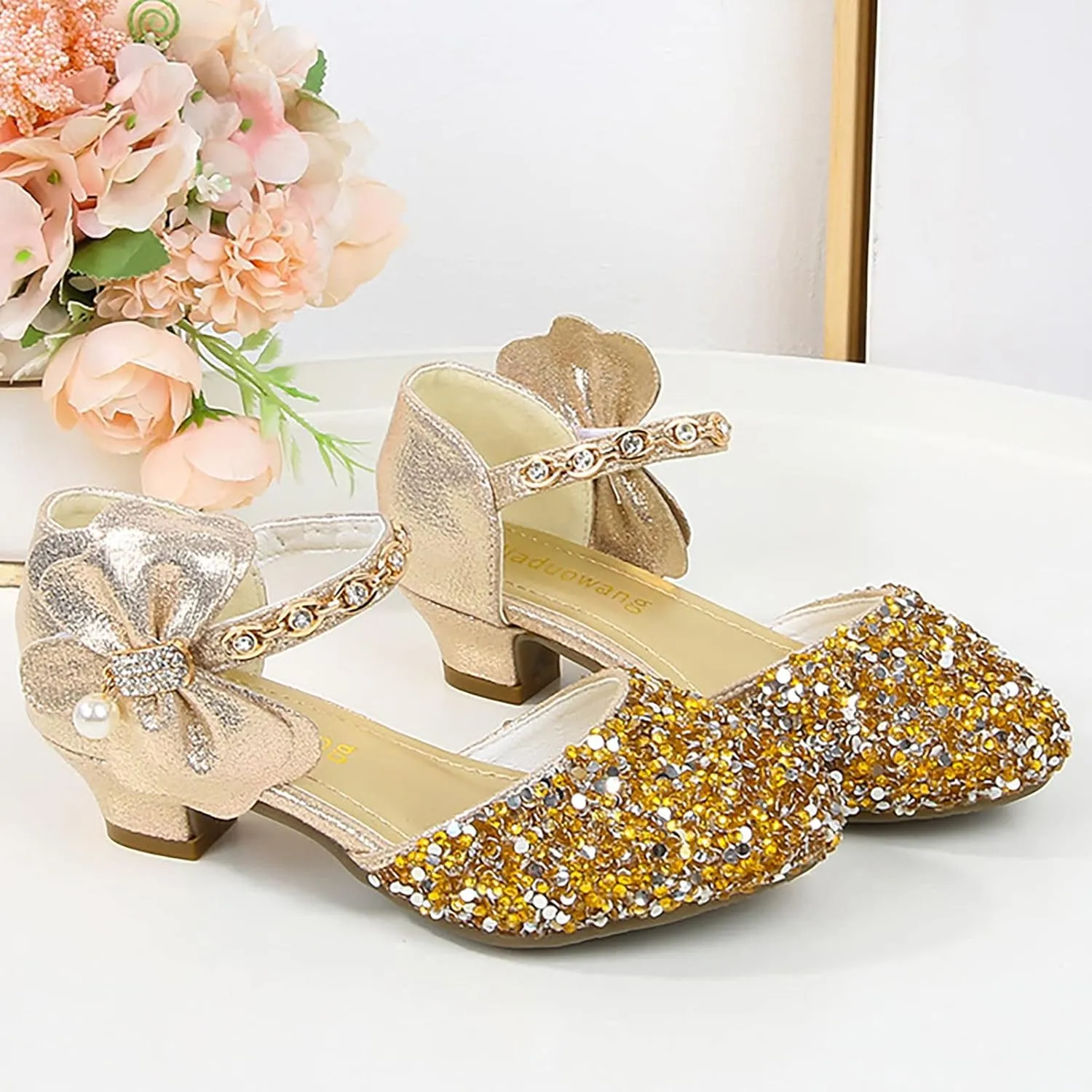 Girls Mary Jane Dress Shoes Rhinestones Bows Low Heels Flower Girl Wedding Pump Shoes Toddler Sandals Kids