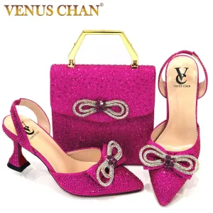 Latest Italian Design African Women&#39;s High Heel Pointed Toe Sandals Party Wedding Party Fuchsia Color Shoes and Bags Set