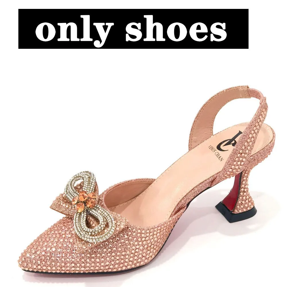 Latest Italian Design African Women&#39;s High Heel Pointed Toe Sandals Party Wedding Party Fuchsia Color Shoes and Bags Set