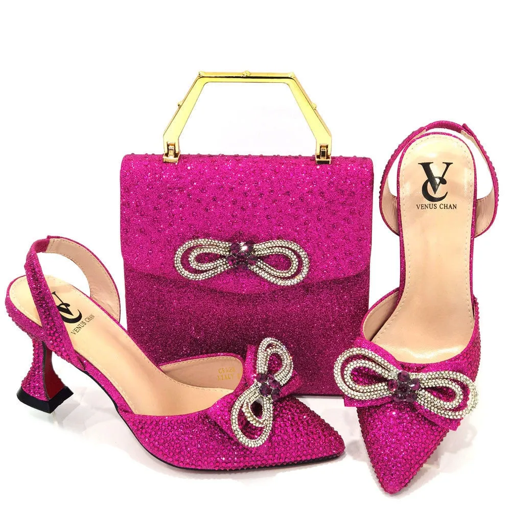 Latest Italian Design African Women&#39;s High Heel Pointed Toe Sandals Party Wedding Party Fuchsia Color Shoes and Bags Set
