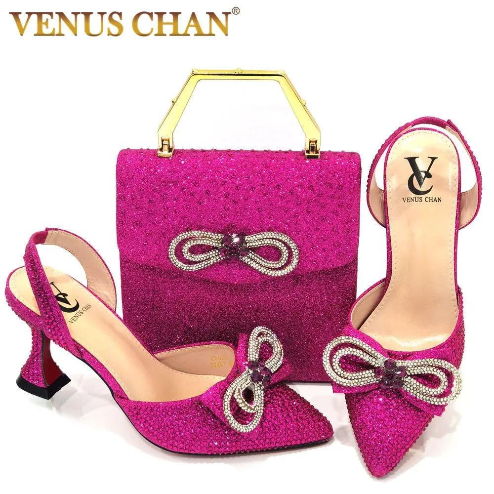 Latest Italian Design African Women&#39;s High Heel Pointed Toe Sandals Party Wedding Party Fuchsia Color Shoes and Bags Set