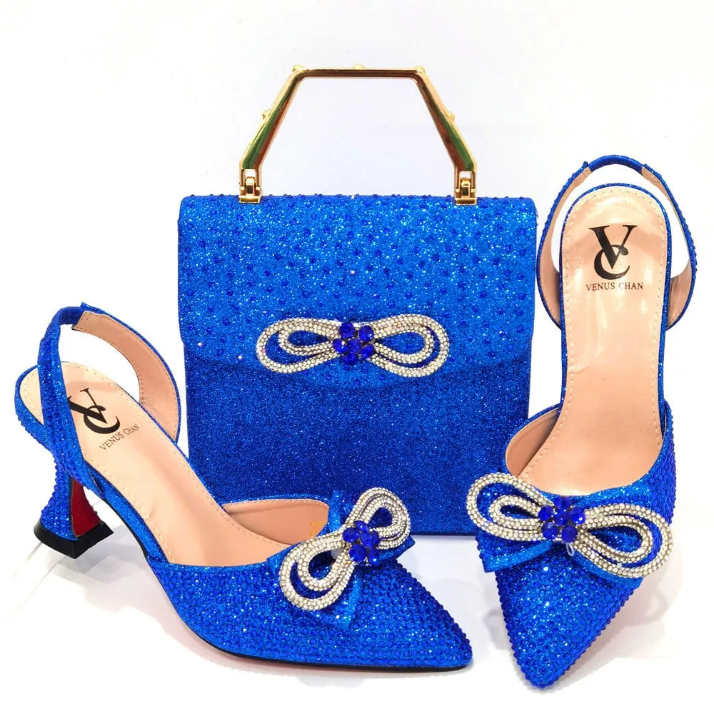 Latest Italian Design African Women&#39;s High Heel Pointed Toe Sandals Party Wedding Party Fuchsia Color Shoes and Bags Set