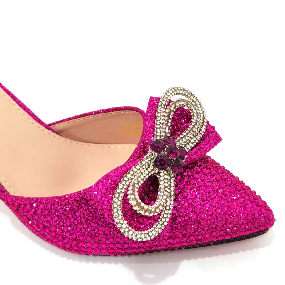 Latest Italian Design African Women&#39;s High Heel Pointed Toe Sandals Party Wedding Party Fuchsia Color Shoes and Bags Set