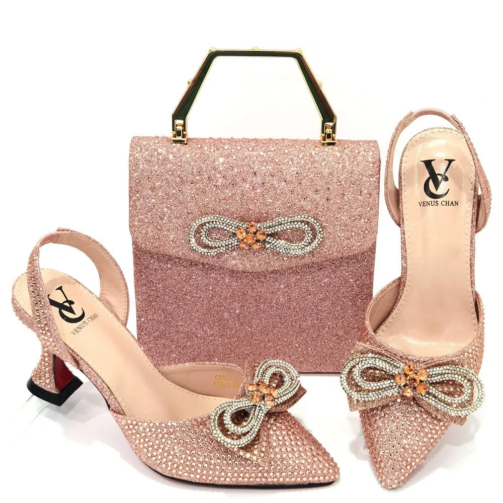 Latest Italian Design African Women&#39;s High Heel Pointed Toe Sandals Party Wedding Party Fuchsia Color Shoes and Bags Set