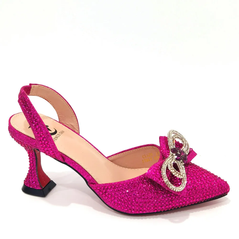 Latest Italian Design African Women&#39;s High Heel Pointed Toe Sandals Party Wedding Party Fuchsia Color Shoes and Bags Set