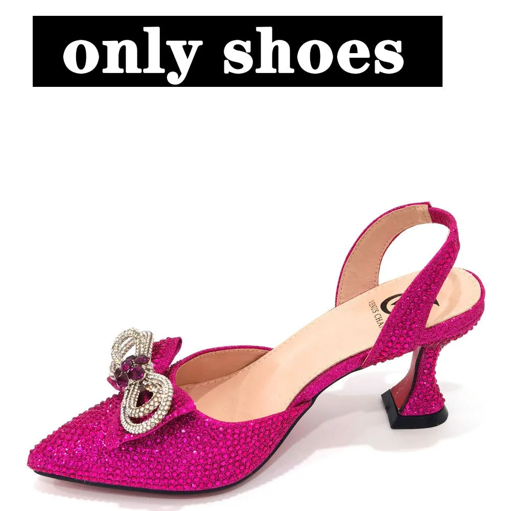 Latest Italian Design African Women&#39;s High Heel Pointed Toe Sandals Party Wedding Party Fuchsia Color Shoes and Bags Set