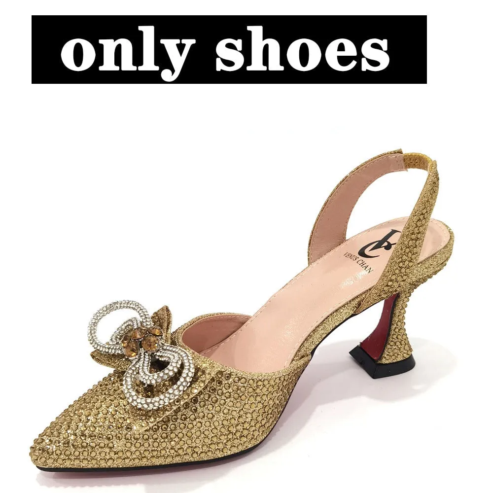 Latest Italian Design African Women&#39;s High Heel Pointed Toe Sandals Party Wedding Party Fuchsia Color Shoes and Bags Set
