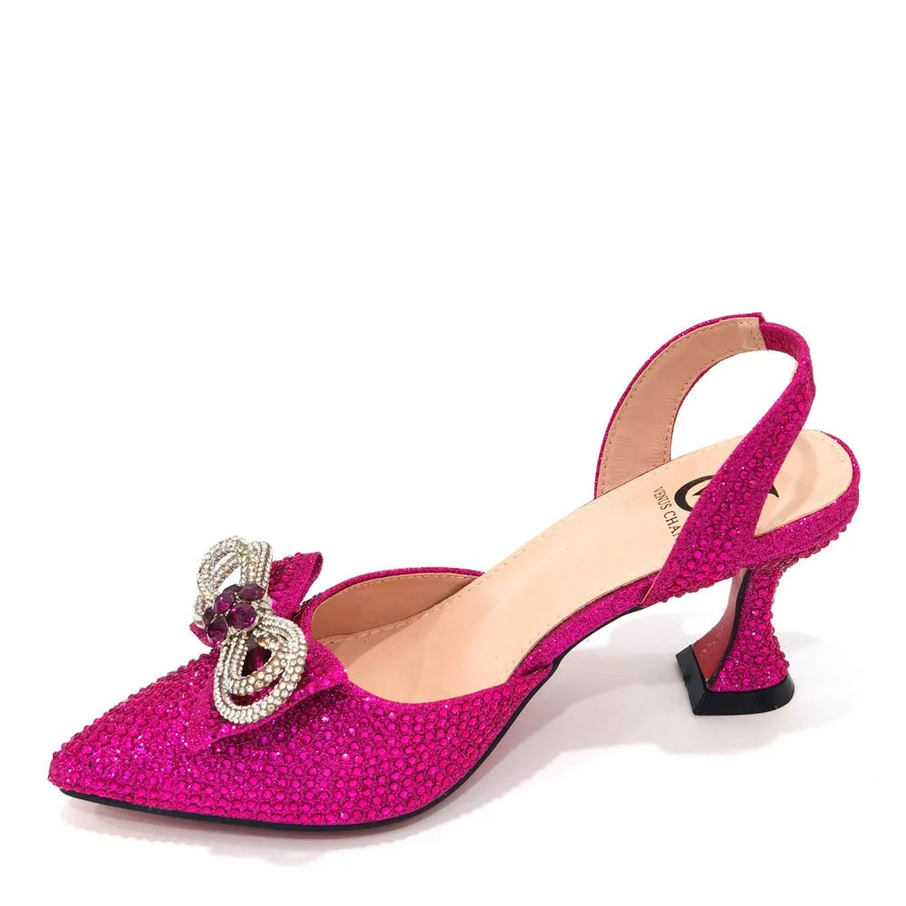 Latest Italian Design African Women&#39;s High Heel Pointed Toe Sandals Party Wedding Party Fuchsia Color Shoes and Bags Set