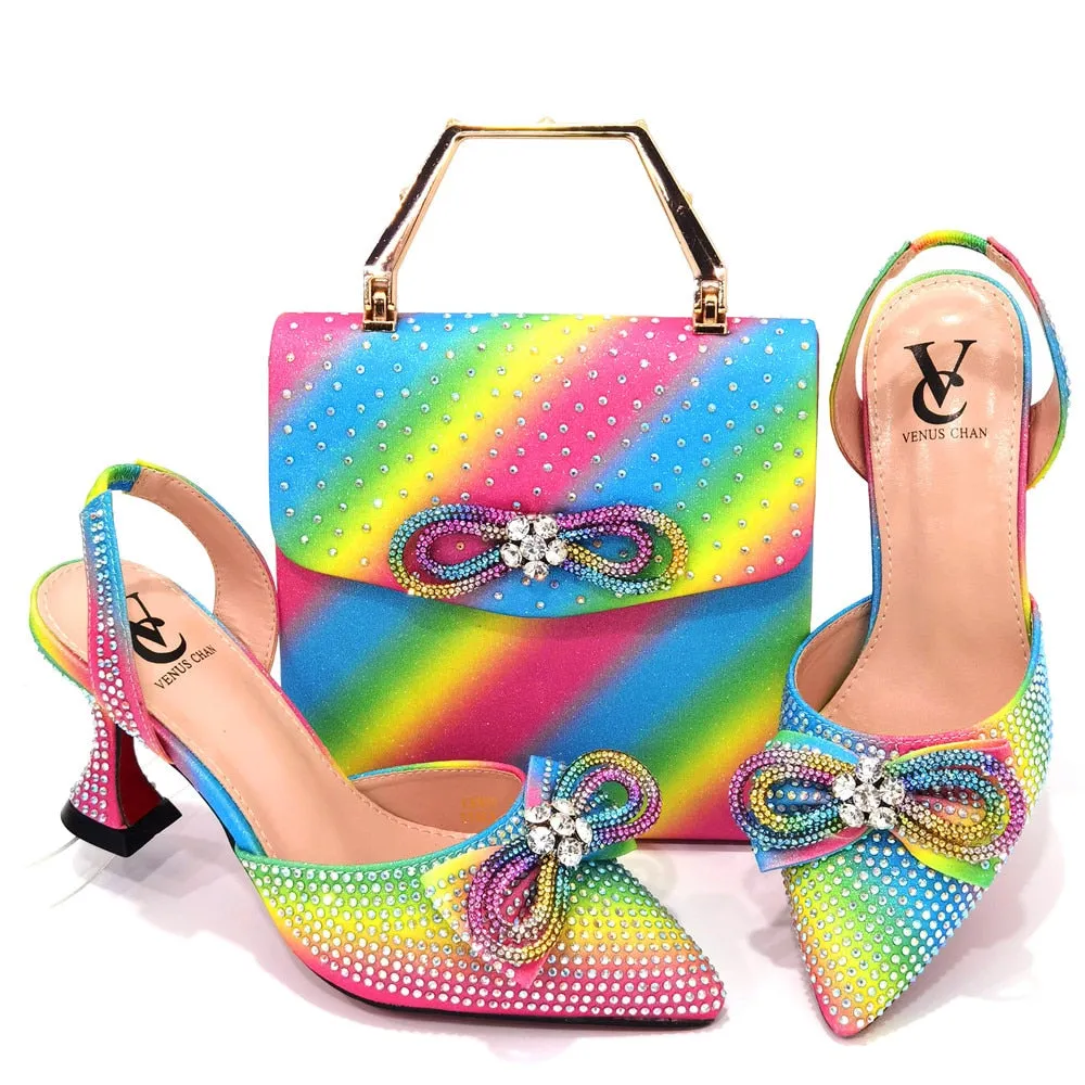 Latest Italian Design African Women&#39;s High Heel Pointed Toe Sandals Party Wedding Party Fuchsia Color Shoes and Bags Set