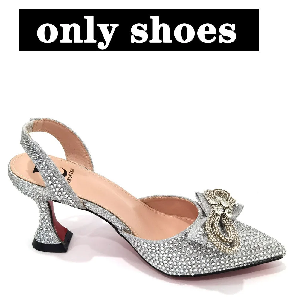 Latest Italian Design African Women&#39;s High Heel Pointed Toe Sandals Party Wedding Party Fuchsia Color Shoes and Bags Set