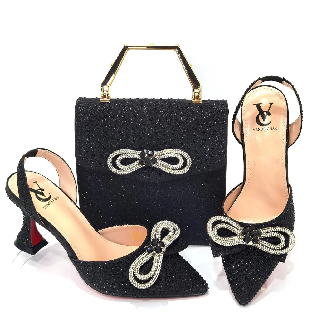 Latest Italian Design African Women&#39;s High Heel Pointed Toe Sandals Party Wedding Party Fuchsia Color Shoes and Bags Set