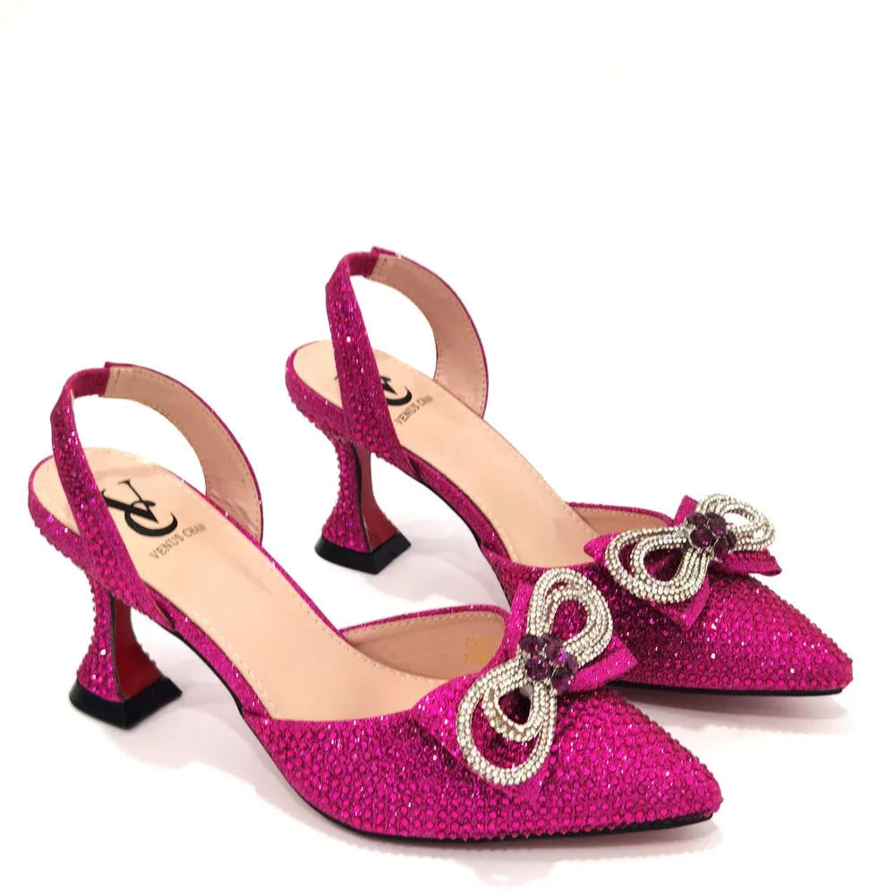 Latest Italian Design African Women&#39;s High Heel Pointed Toe Sandals Party Wedding Party Fuchsia Color Shoes and Bags Set