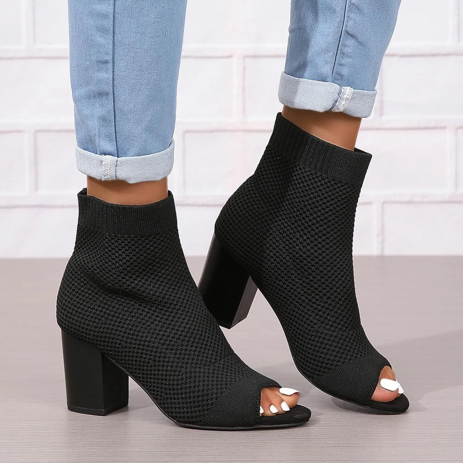 Peep Toe Booties for Women Knit Open Toe Chunky Block Heels Breathable Sock Boots Summer Casual Slip On Dress Sock Booties