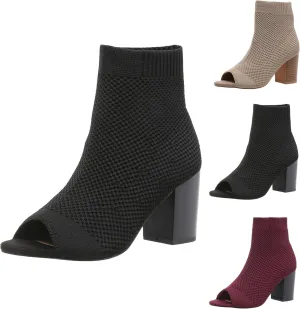 Peep Toe Booties for Women Knit Open Toe Chunky Block Heels Breathable Sock Boots Summer Casual Slip On Dress Sock Booties