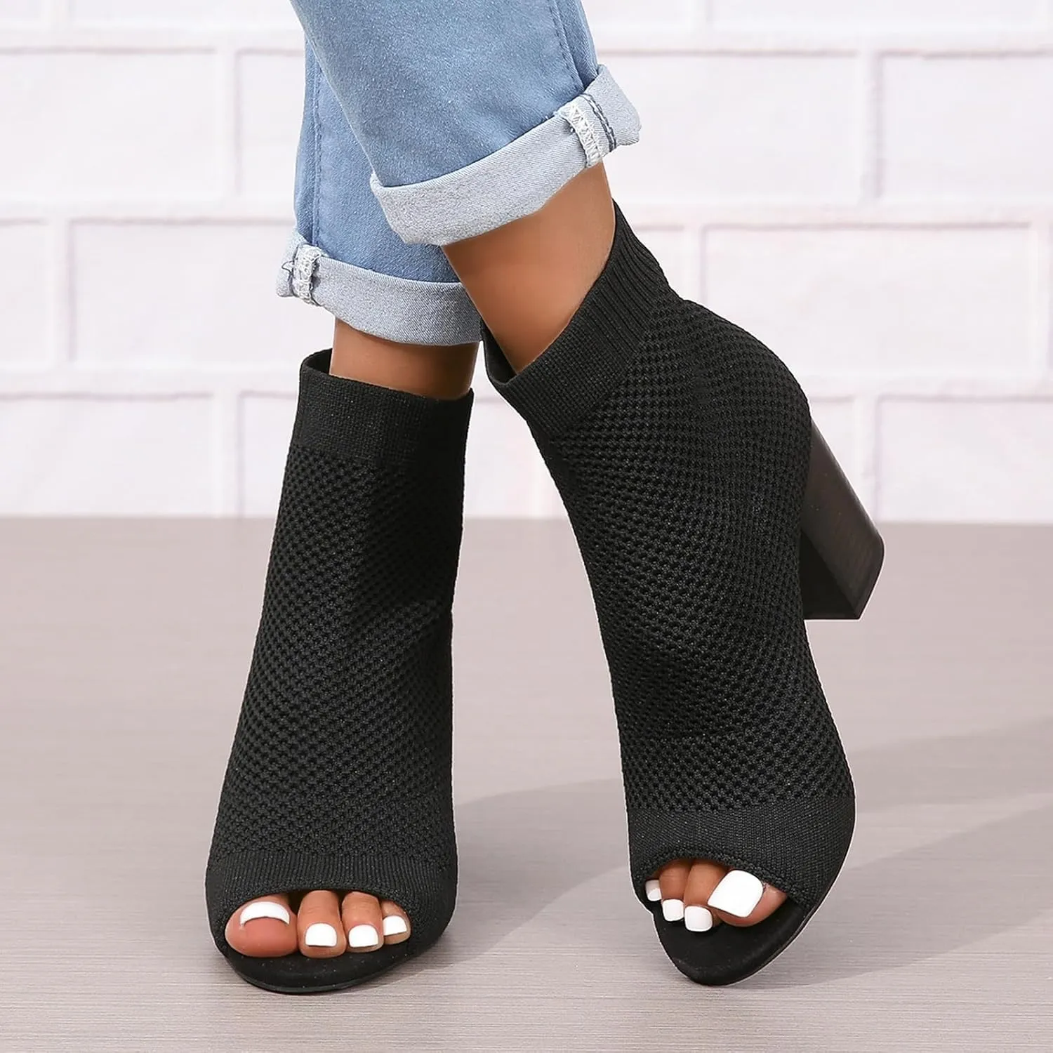 Peep Toe Booties for Women Knit Open Toe Chunky Block Heels Breathable Sock Boots Summer Casual Slip On Dress Sock Booties