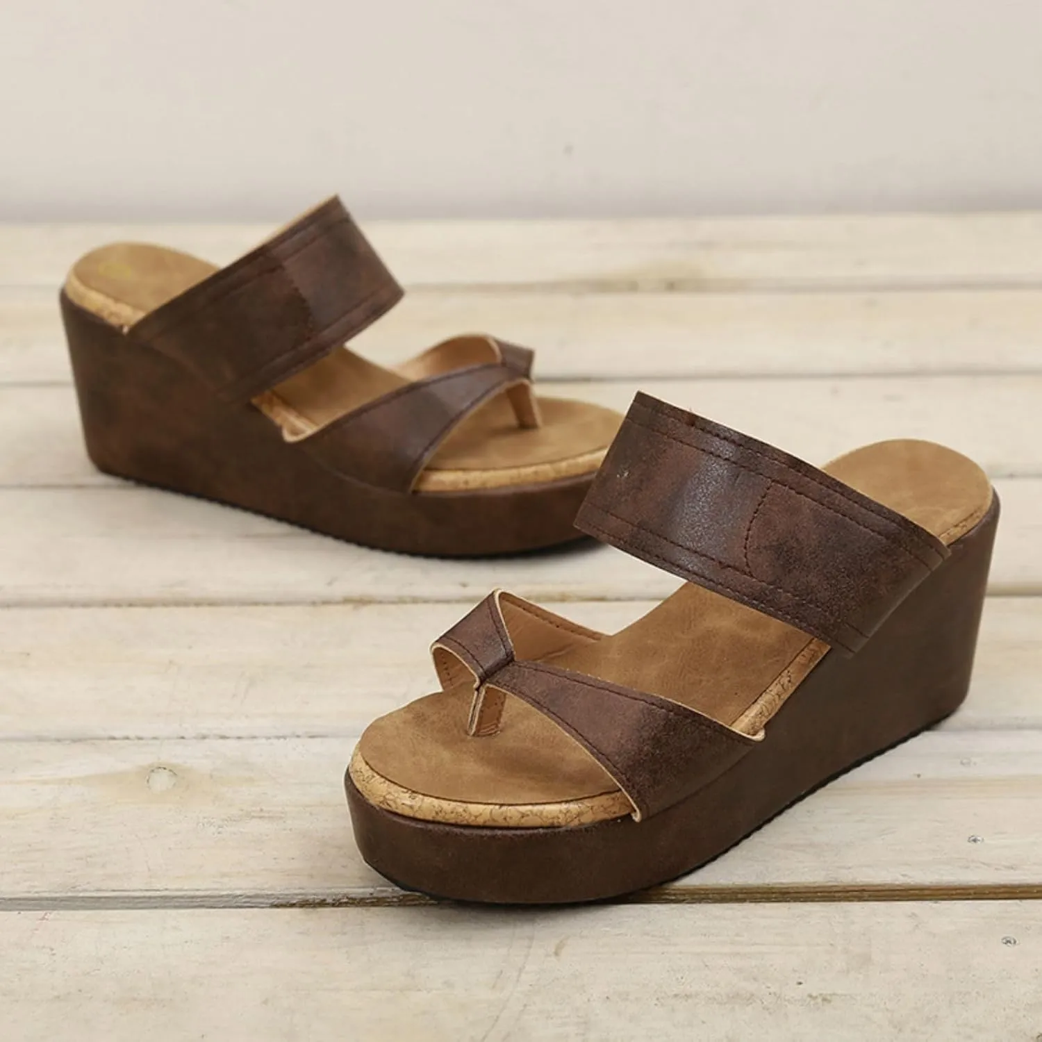 Smoneyful Women's Slip On Wedge Sandals Thong High Wedge Heel Platform Flip Flops Comfort Dressy Summer Peep Toe Espadrilles Beach Slippers Sandals