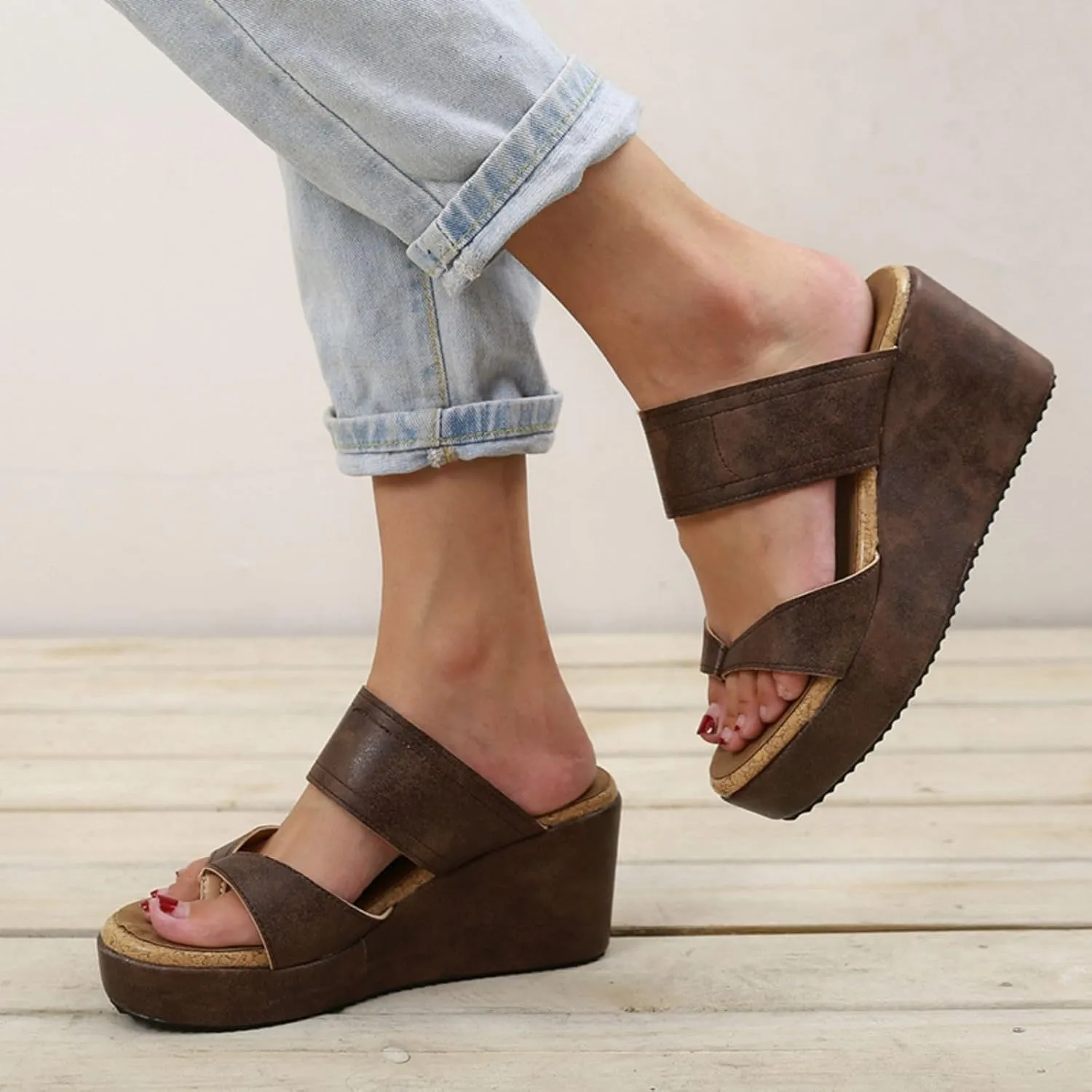 Smoneyful Women's Slip On Wedge Sandals Thong High Wedge Heel Platform Flip Flops Comfort Dressy Summer Peep Toe Espadrilles Beach Slippers Sandals