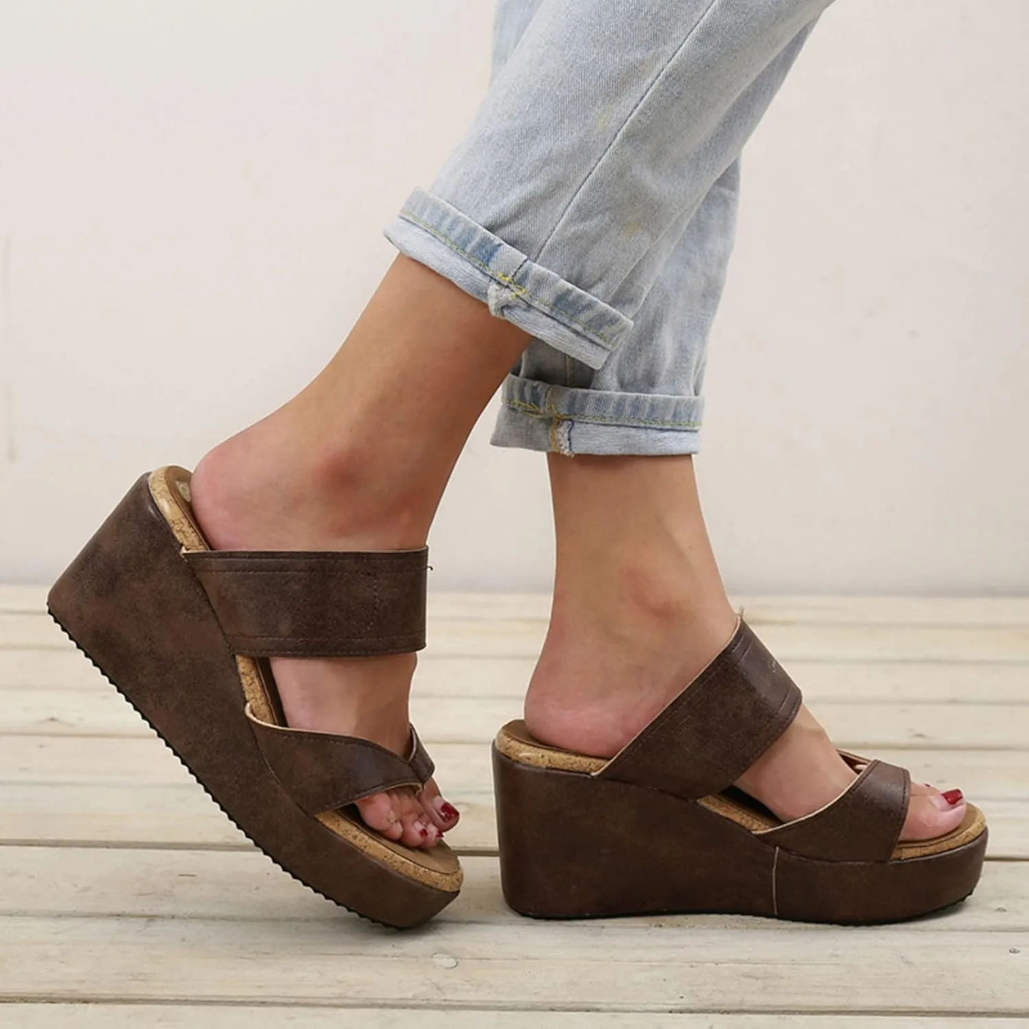 Smoneyful Women's Slip On Wedge Sandals Thong High Wedge Heel Platform Flip Flops Comfort Dressy Summer Peep Toe Espadrilles Beach Slippers Sandals