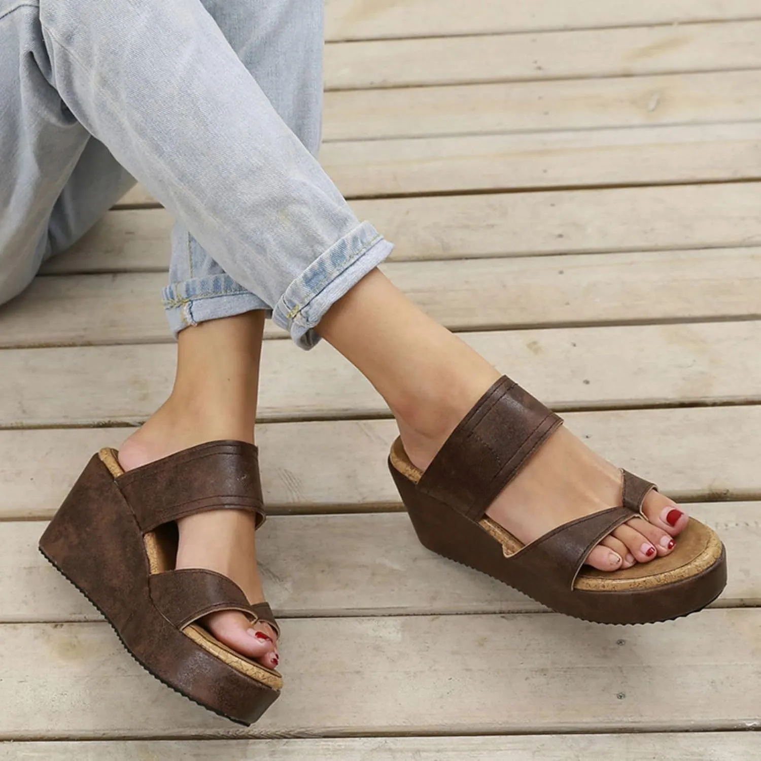 Smoneyful Women's Slip On Wedge Sandals Thong High Wedge Heel Platform Flip Flops Comfort Dressy Summer Peep Toe Espadrilles Beach Slippers Sandals