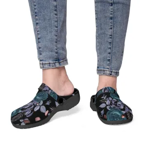 Teal Floral Blue Leaf Black-base Clogs